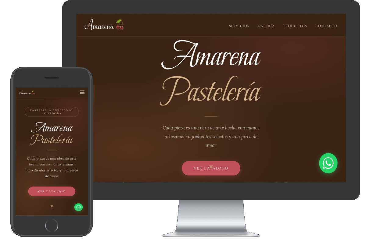 Mockup del sitio web Amarena Pastelería diseñado por Tenovance — Digital Growth Agency
