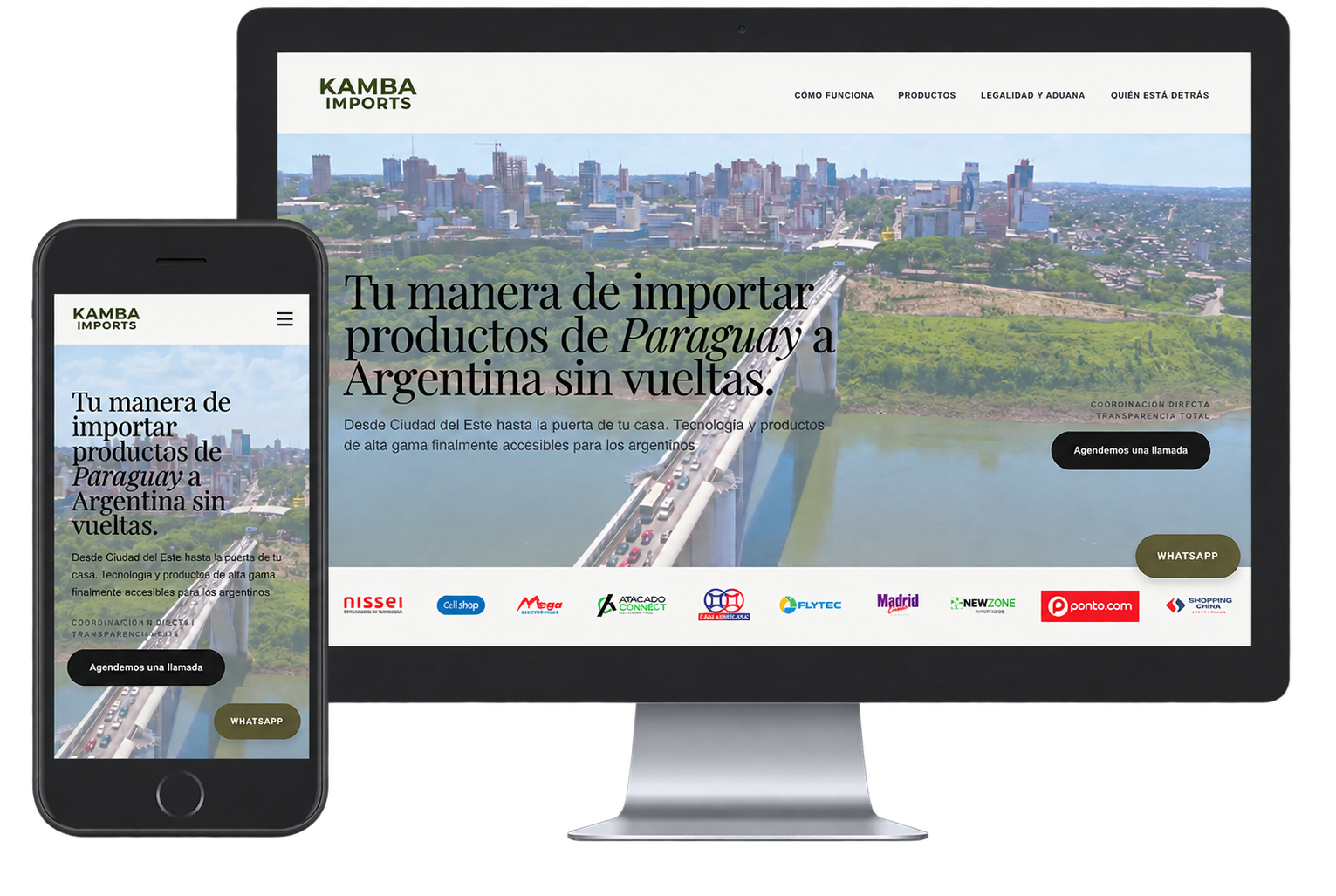 Mockup del sitio web Kamba Imports diseñado por Tenovance — Digital Growth Agency